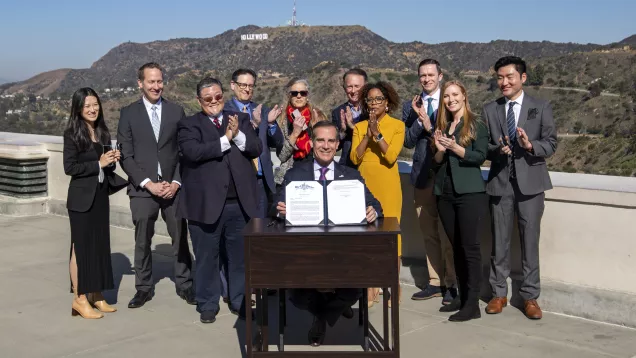 Photo of the signing of Executive Directive 33 with Mayor Eric Garcetti at the Griffith Observatory